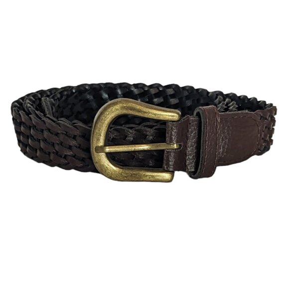 Vintage Woven Braided Leather Belt Brown Gold Brass Tone Buckle Preppy - Picture 2 of 4